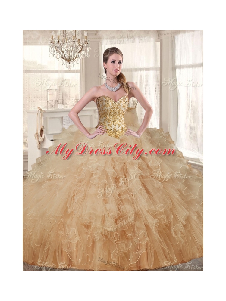 Classical Applique and Ruffled Champagne Sweet 16 Dress and Short Dama Dresses