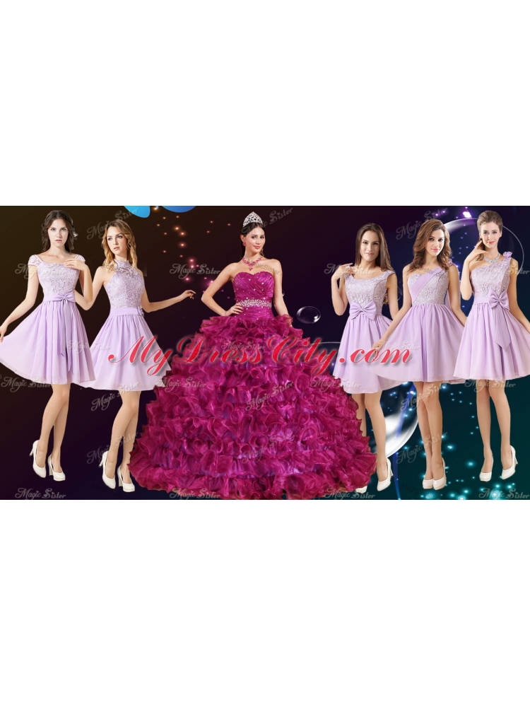 Gorgeous Ruffled and Beaded Fuchsia Quinceanera Dress and Laced Lavender Short Dama Dresses