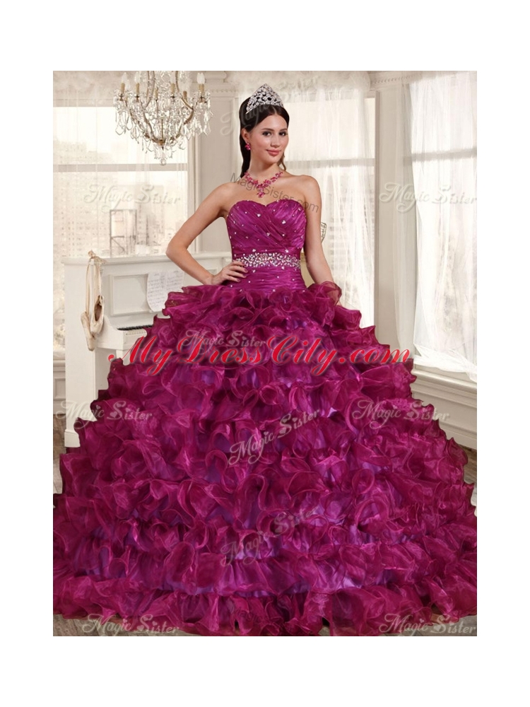 Gorgeous Ruffled and Beaded Fuchsia Quinceanera Dress and Laced Lavender Short Dama Dresses