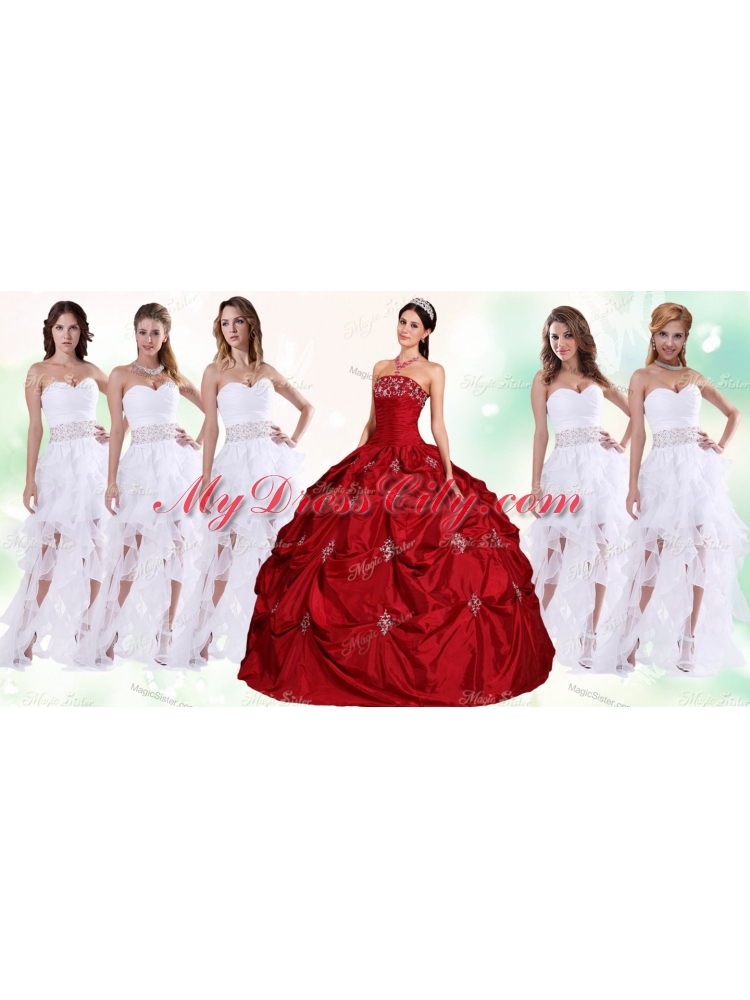 Lovely Taffeta Applique and Beaded Red Quinceanera Dress and Asymmetrical White Dama Dresses