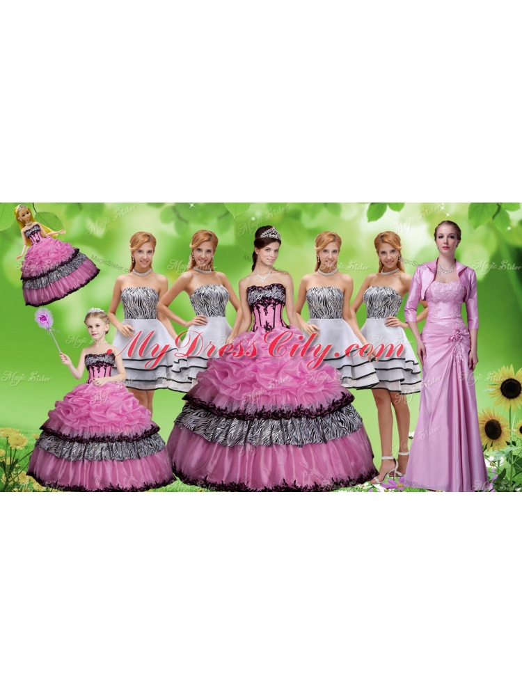 Luxurious Applique Zebra Rose Pink Quinceanera Dress and Strapless White Dama Dresses and Pick Ups Mini Quinceanera Dress and Applique Mother of The Bride Dress