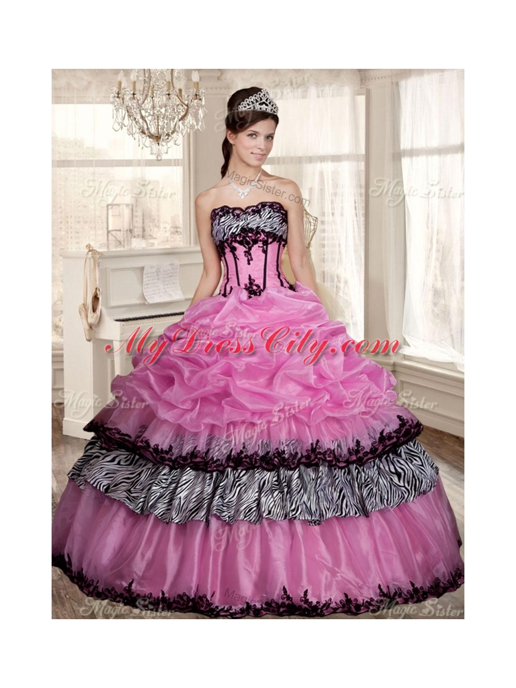 Luxurious Applique Zebra Rose Pink Quinceanera Dress and Strapless White Dama Dresses and Pick Ups Mini Quinceanera Dress and Applique Mother of The Bride Dress