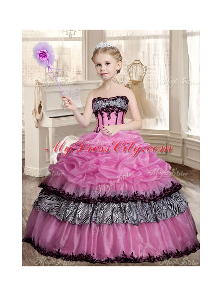 Luxurious Applique Zebra Rose Pink Quinceanera Dress and Strapless White Dama Dresses and Pick Ups Mini Quinceanera Dress and Applique Mother of The Bride Dress