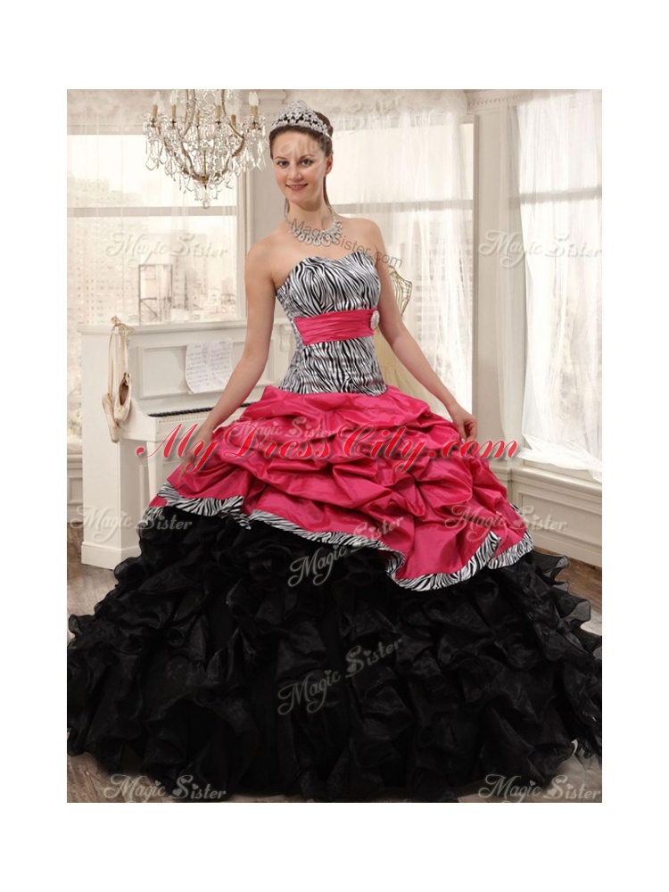 Pretty Zebra Ruffled Red and Black Quinceanera Dress and Beaded Short Dama Dresses