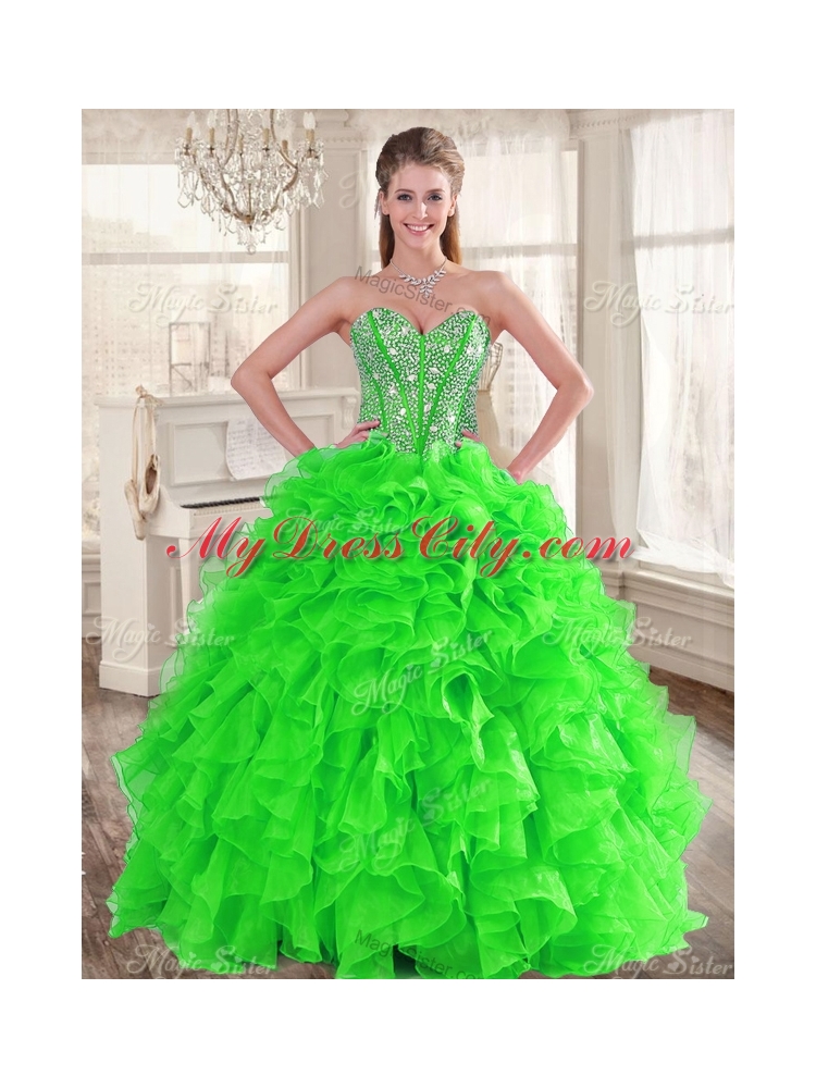 Really Puffy Spring Green Sweet 16 Dress and Sequined Short  Dama Dresses and Beaded and Ruffled Mini Quinceanera Dress