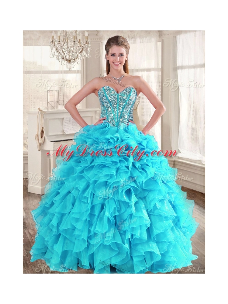 Visible Boning Aqua Blue Quinceanera Dress and Sequined Short  Dama Dresses Beaded and Ruffled Mini Quinceanera Dress