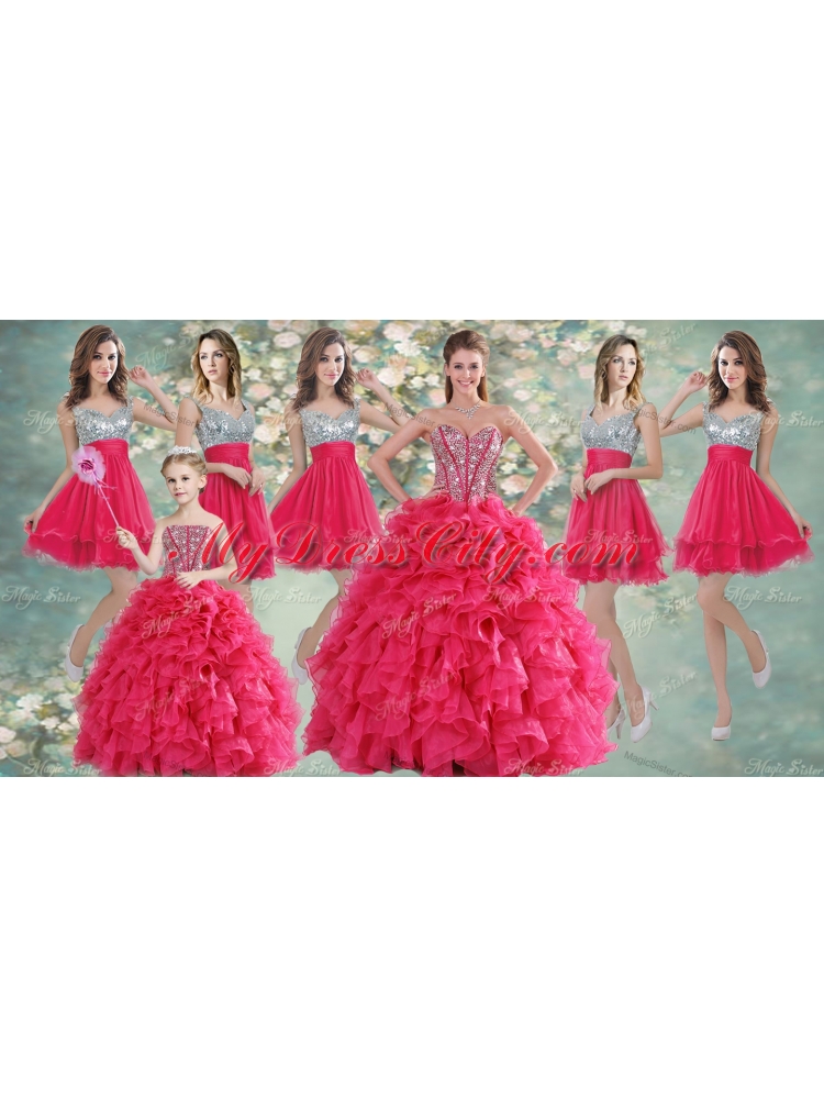 Visible Boning Coral Red Quinceanera Dress and Short Sequined Dama Dresses and Beaded and Ruffled Mini Quinceanera Dress