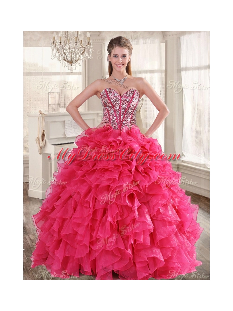 Visible Boning Coral Red Quinceanera Dress and Short Sequined Dama Dresses and Beaded and Ruffled Mini Quinceanera Dress