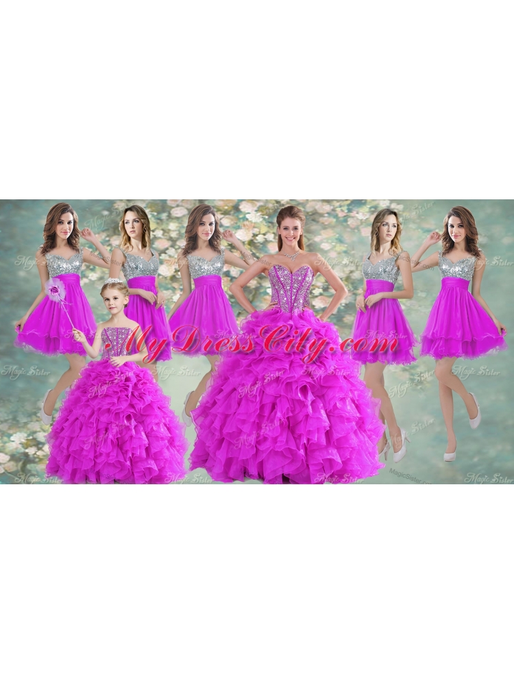 Visible Boning Fuchsia Sweet 16 Gown and Sequined Dama Dresses Beaded and Ruffled Mini Quinceanera Dress