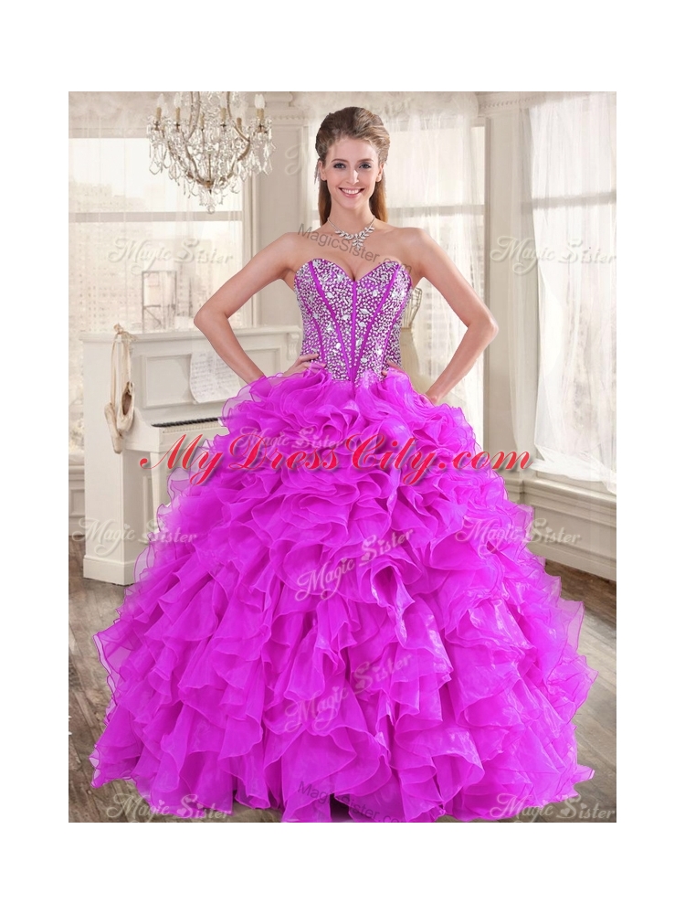 Visible Boning Fuchsia Sweet 16 Gown and Sequined Dama Dresses Beaded and Ruffled Mini Quinceanera Dress