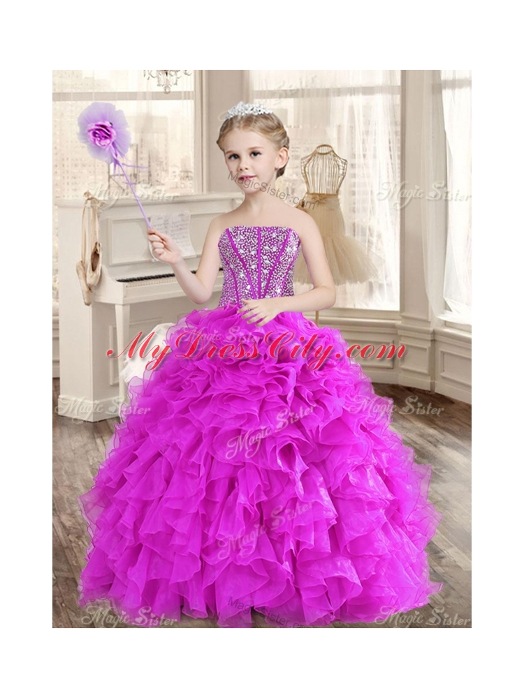 Visible Boning Fuchsia Sweet 16 Gown and Sequined Dama Dresses Beaded and Ruffled Mini Quinceanera Dress