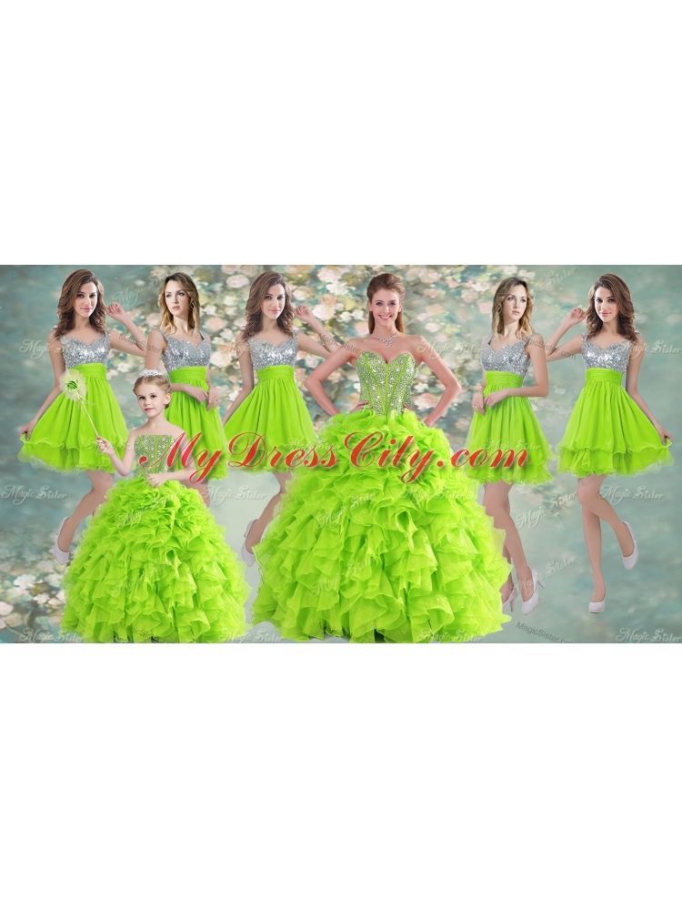 Visible Boning Yellow Green Quinceanera Gown and Sequined Short  Dama Dresses and Beaded and Ruffled Mini Quinceanera Dress