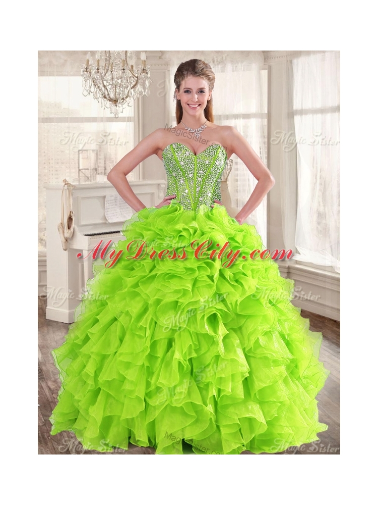 Visible Boning Yellow Green Quinceanera Gown and Sequined Short  Dama Dresses and Beaded and Ruffled Mini Quinceanera Dress