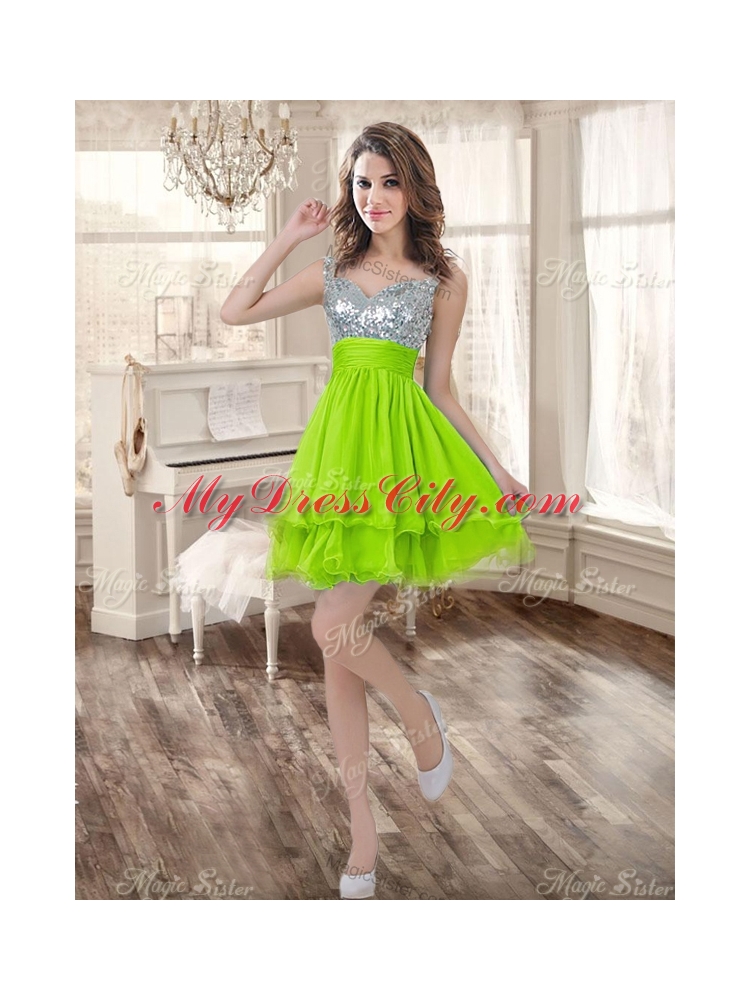 Visible Boning Yellow Green Quinceanera Gown and Sequined Short  Dama Dresses and Beaded and Ruffled Mini Quinceanera Dress