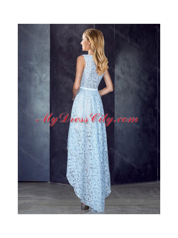 2016 Bateau High Low Light Blue Prom Dress in Lace