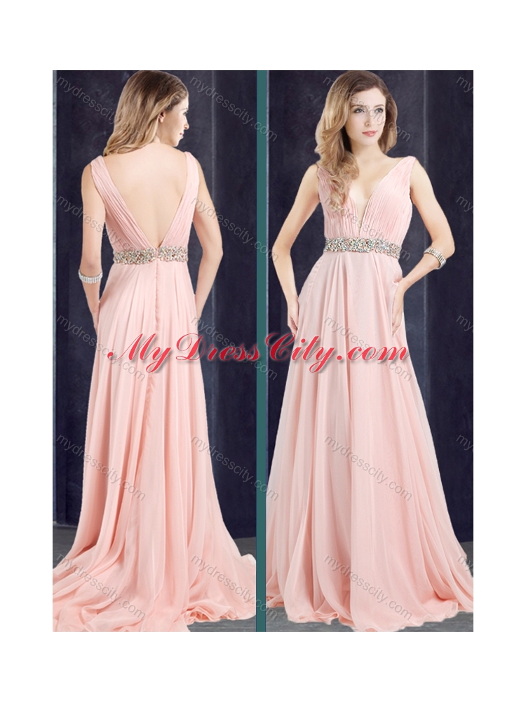 2016 Cheap Chiffon Belted with Beading Prom Dress with Deep V Neckline