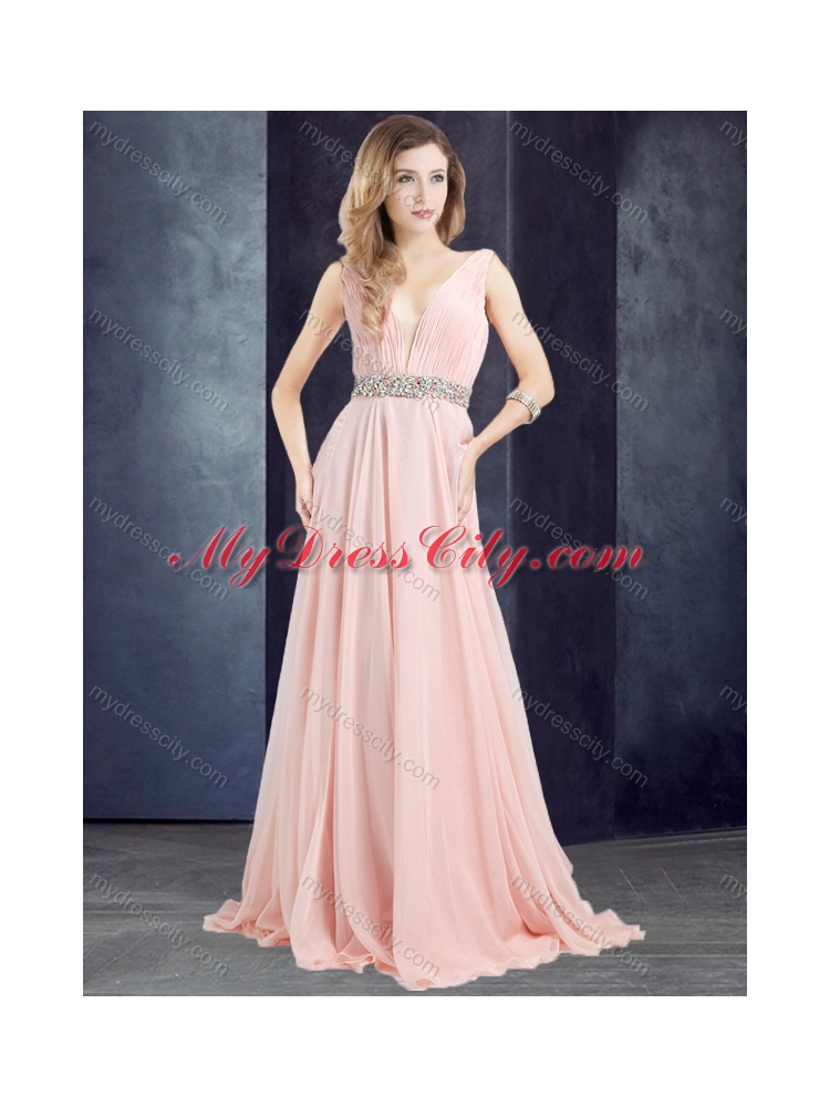 2016 Cheap Chiffon Belted with Beading Prom Dress with Deep V Neckline