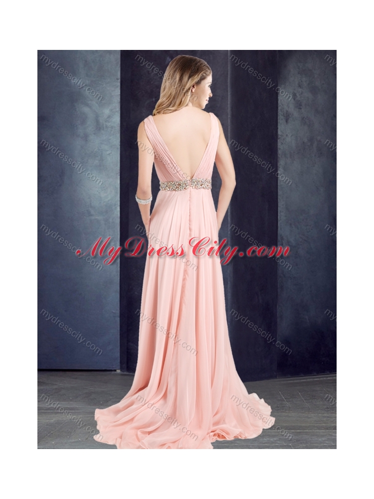 2016 Cheap Chiffon Belted with Beading Prom Dress with Deep V Neckline