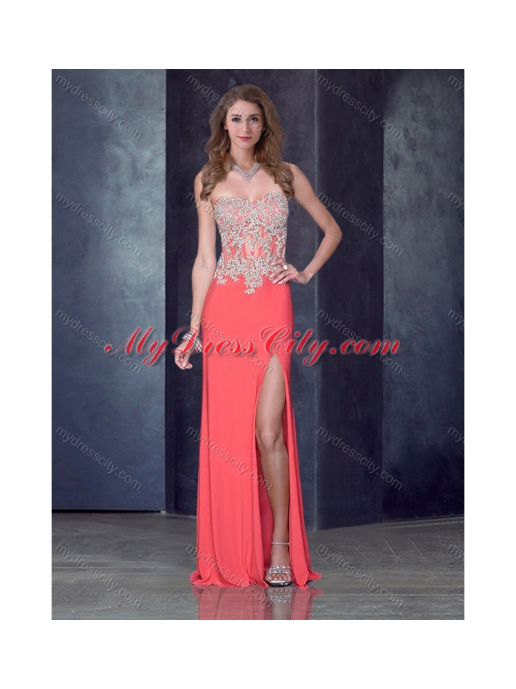 2016 Column Watermelon Red Prom Dress with High Slit and Appliques