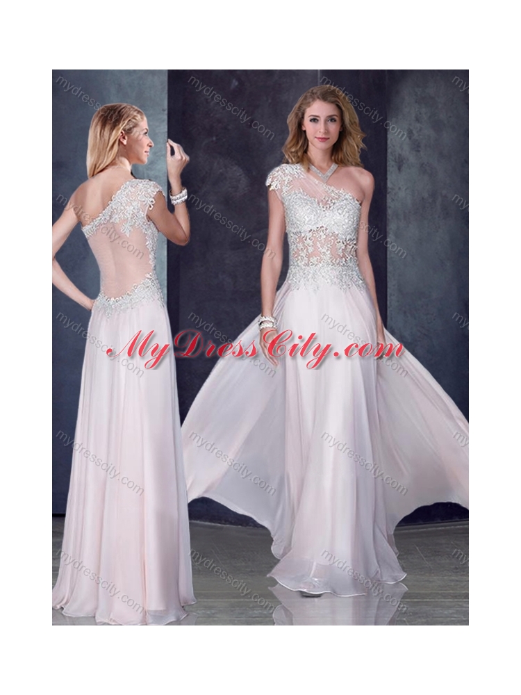 2016 One Shoulder Applique Baby Pink Prom Dress with See Through Back