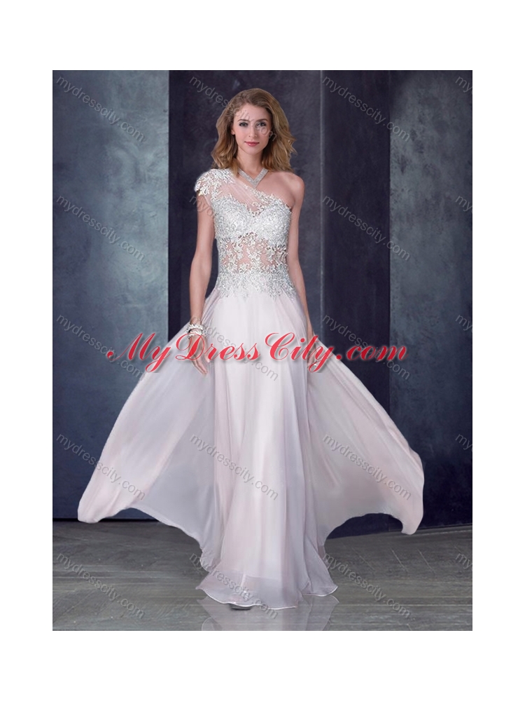 2016 One Shoulder Applique Baby Pink Prom Dress with See Through Back