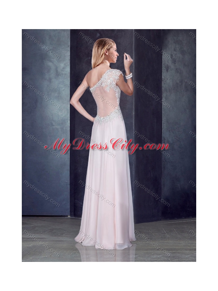 2016 One Shoulder Applique Baby Pink Prom Dress with See Through Back