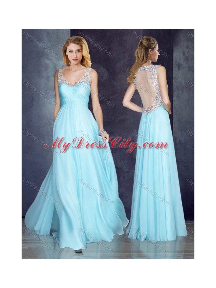 2016 V Neck Applique Light Blue Prom Dress with See Through Back