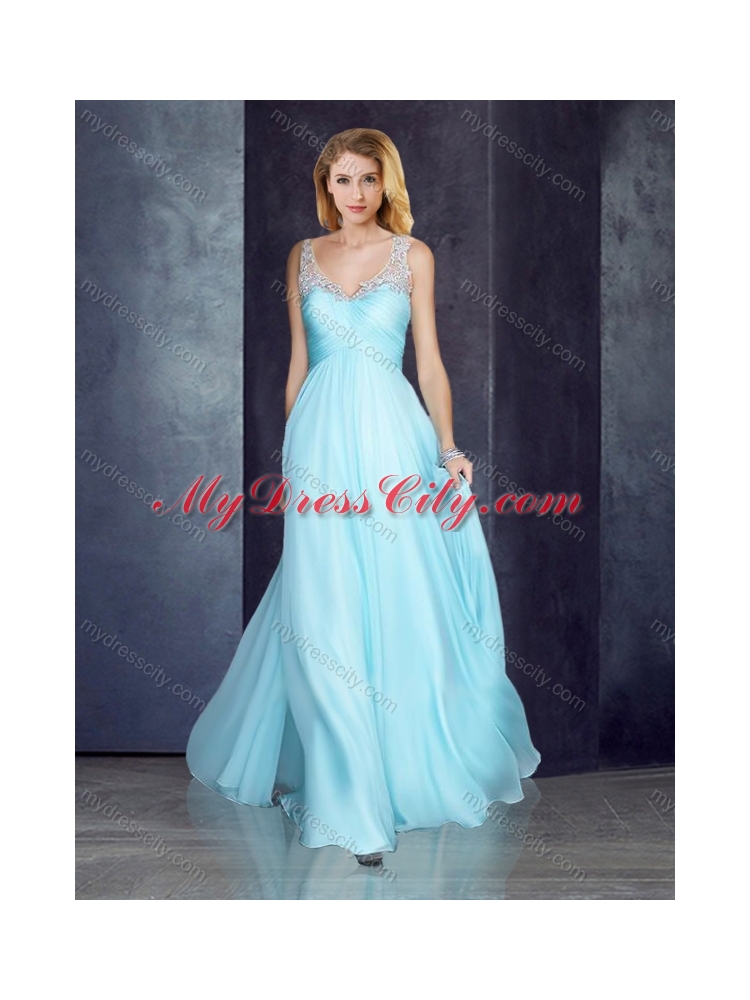 2016 V Neck Applique Light Blue Prom Dress with See Through Back