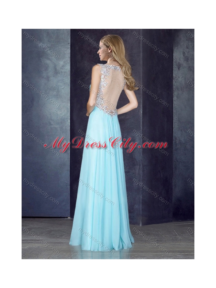 2016 V Neck Applique Light Blue Prom Dress with See Through Back