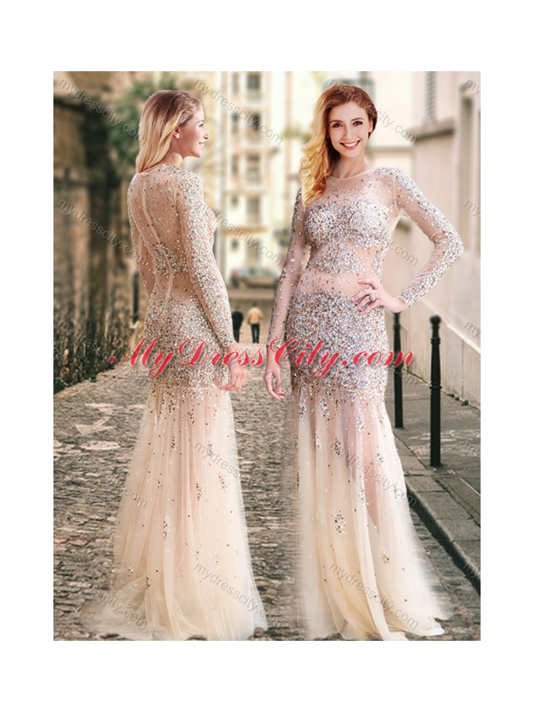 2016 Column High Neck Beaded Champagne Cheap Bridesmaid Dresses with Long Sleeves