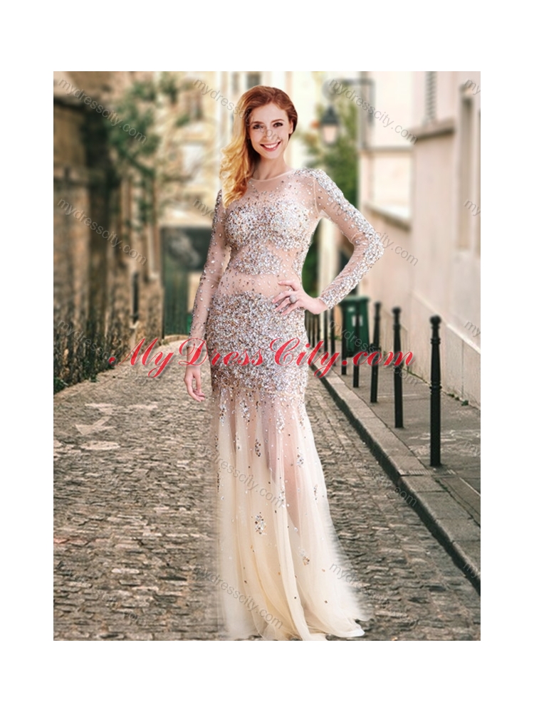 2016 Column High Neck Beaded Champagne Cheap Bridesmaid Dresses with Long Sleeves