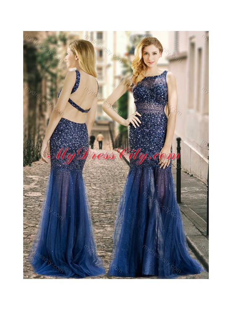 2016 Column Square Beaded Backless Navy Blue Junior Bridesmaid Dresses in Tulle