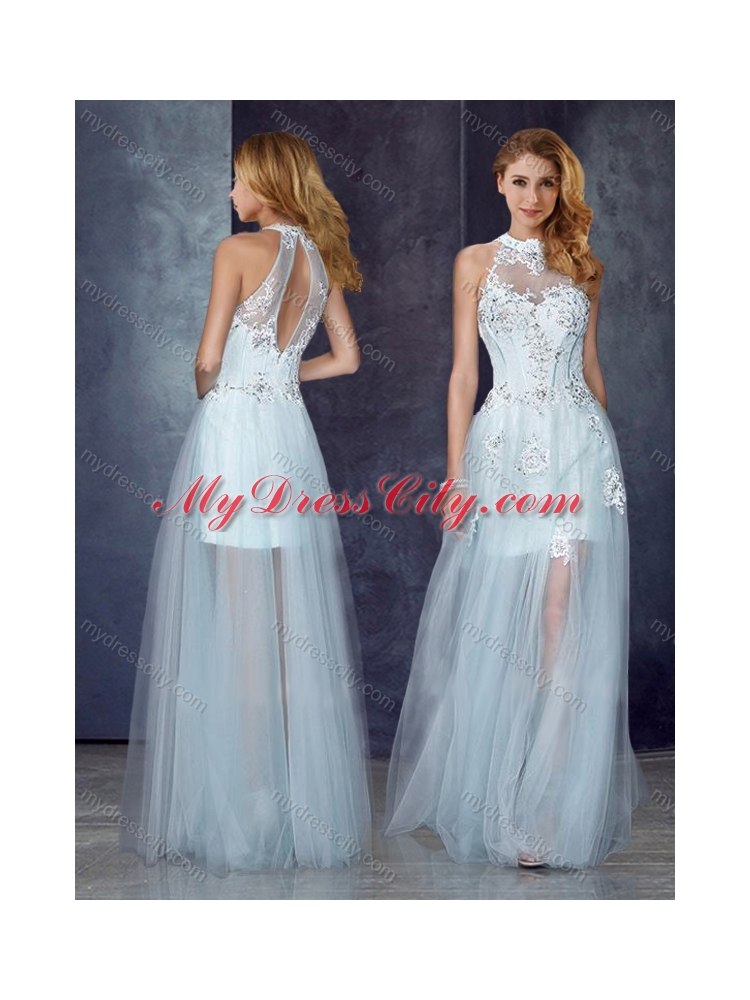 2016 Short Inside Long Outside High Neck Light Blue Junior Bridesmaid Dresses with Appliques and Beading