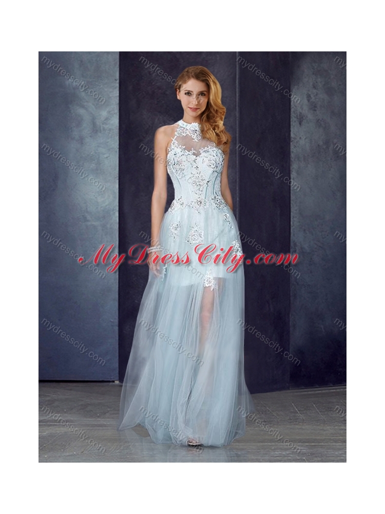 2016 Short Inside Long Outside High Neck Light Blue Junior Bridesmaid Dresses with Appliques and Beading