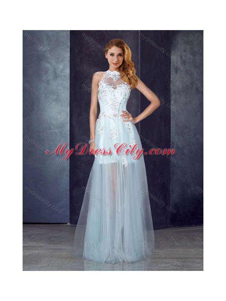 2016 Short Inside Long Outside High Neck Light Blue Junior Bridesmaid Dresses with Appliques and Beading