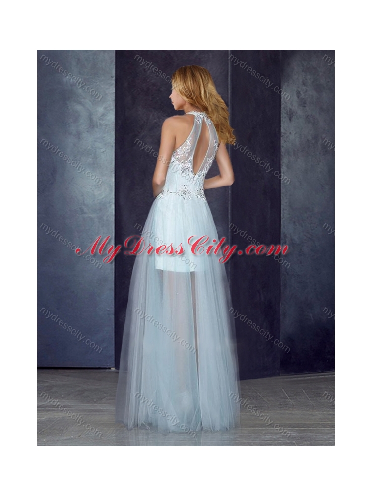 2016 Short Inside Long Outside High Neck Light Blue Junior Bridesmaid Dresses with Appliques and Beading