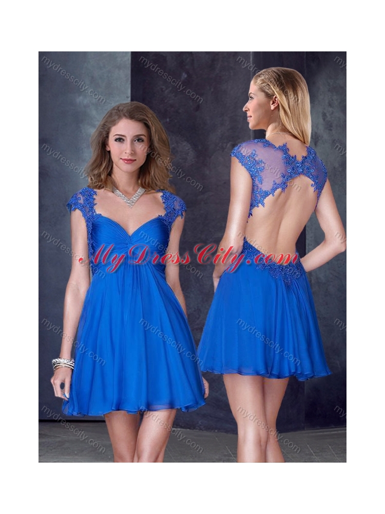 2016 V Neck Backless Blue Junior Bridesmaid Dresses with Appliques and Beading