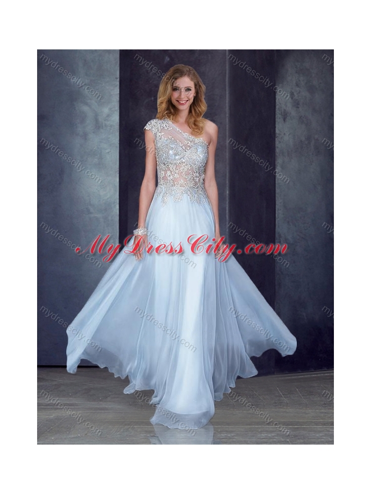 2016 See Through Back One Shoulder Applique Junior Bridesmaid Dresses in Light Blue