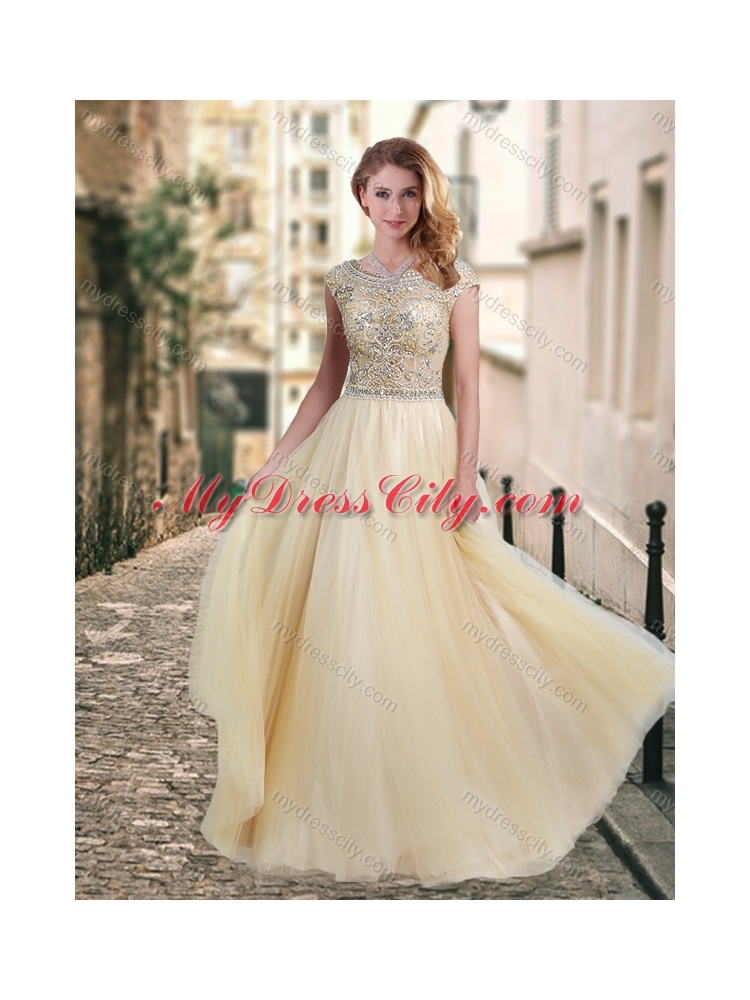 2016 Lovely A Line Beaded Bodice Scoop New Bridesmaid Dresses in Champagne