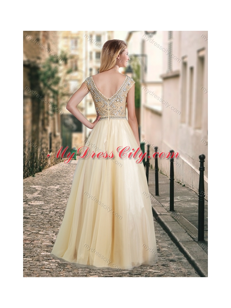 2016 Lovely A Line Beaded Bodice Scoop New Bridesmaid Dresses in Champagne