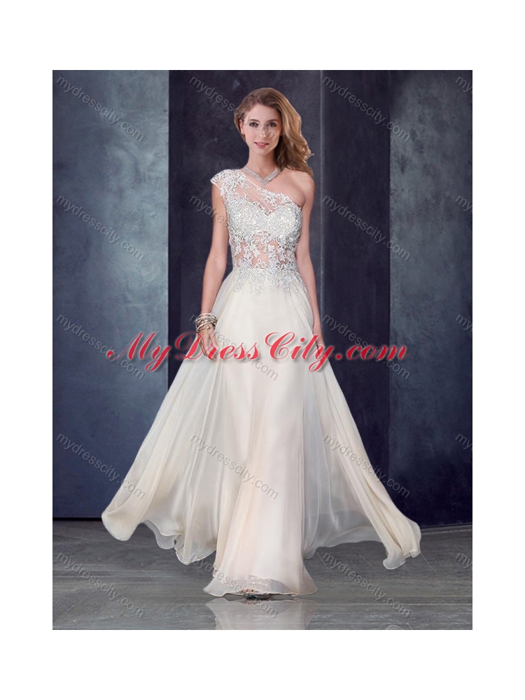 2016 One Shoulder Applique Champagne New Bridesmaid Dresses with See Through Back