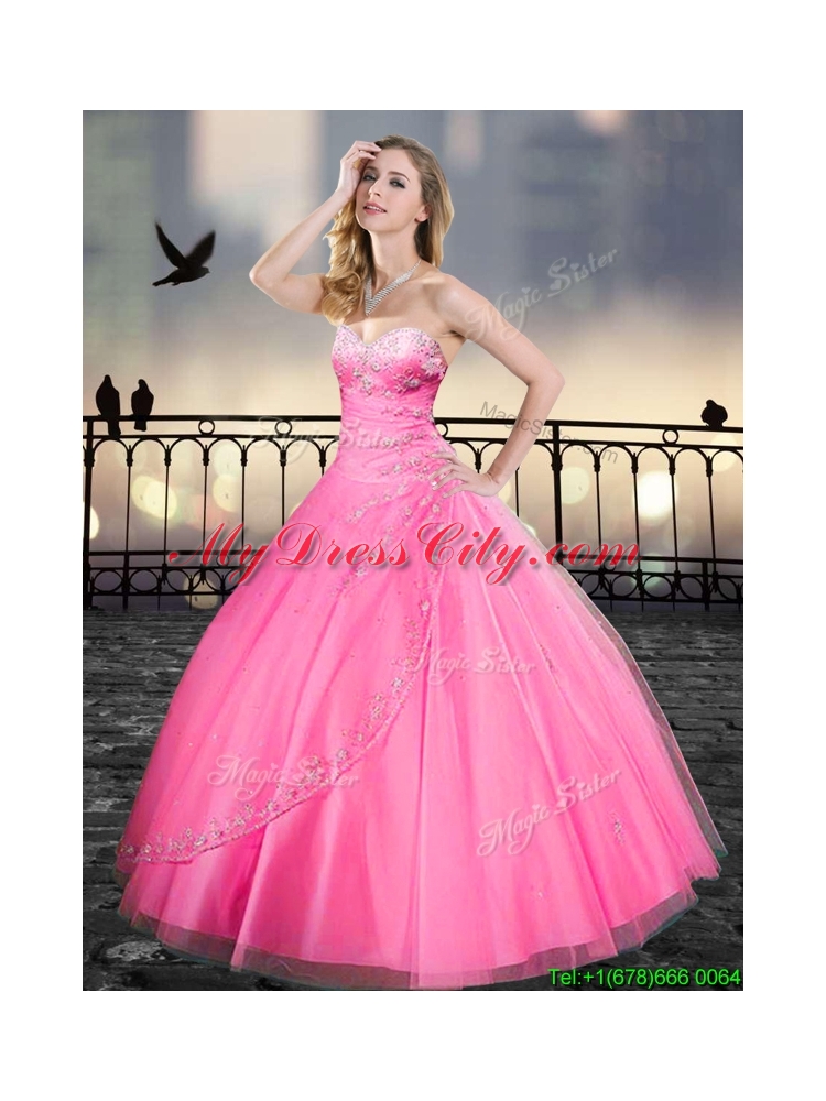 2016 Really Puffy Pink Quinceanera Gowns with Beading and Appliques