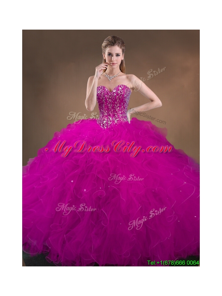 Custom Made Beaded and Ruffled Quinceanera Gowns in Hot Pink