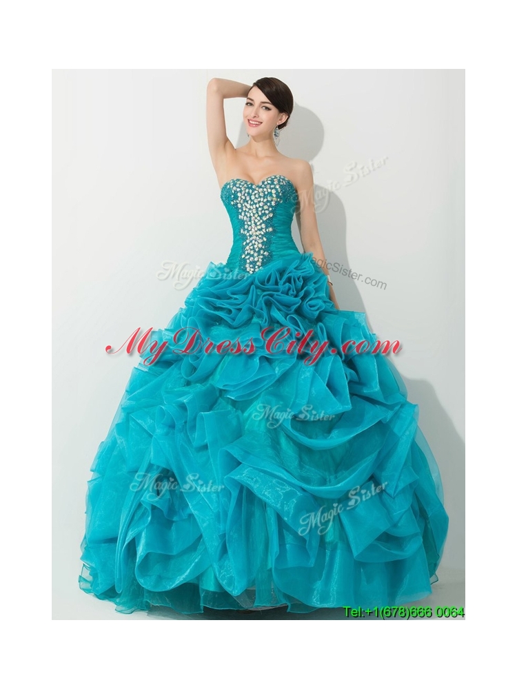 Princess Teal Sweet 16 Dress with Beading and Rolling Flowers