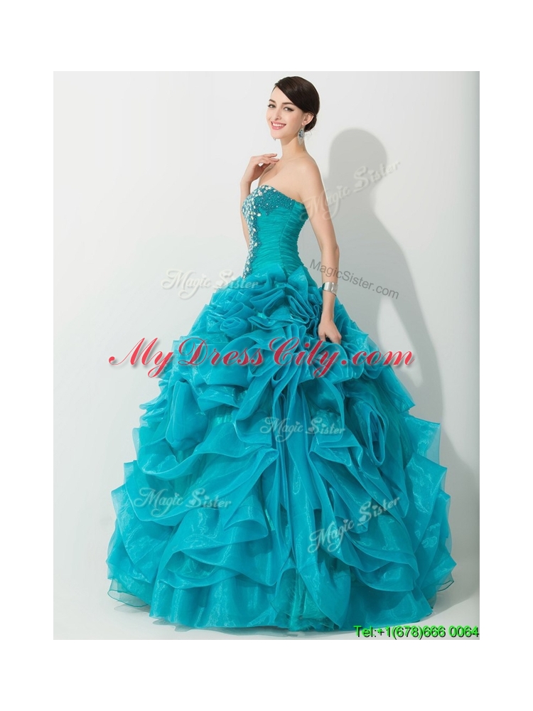 Princess Teal Sweet 16 Dress with Beading and Rolling Flowers