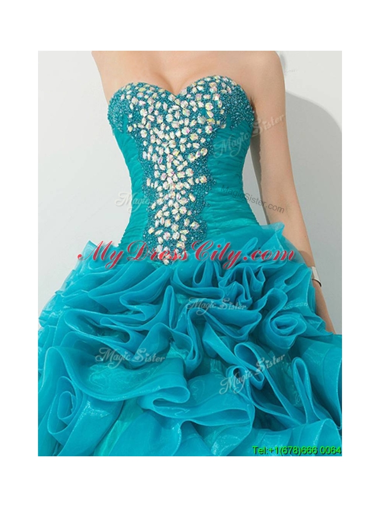 Princess Teal Sweet 16 Dress with Beading and Rolling Flowers