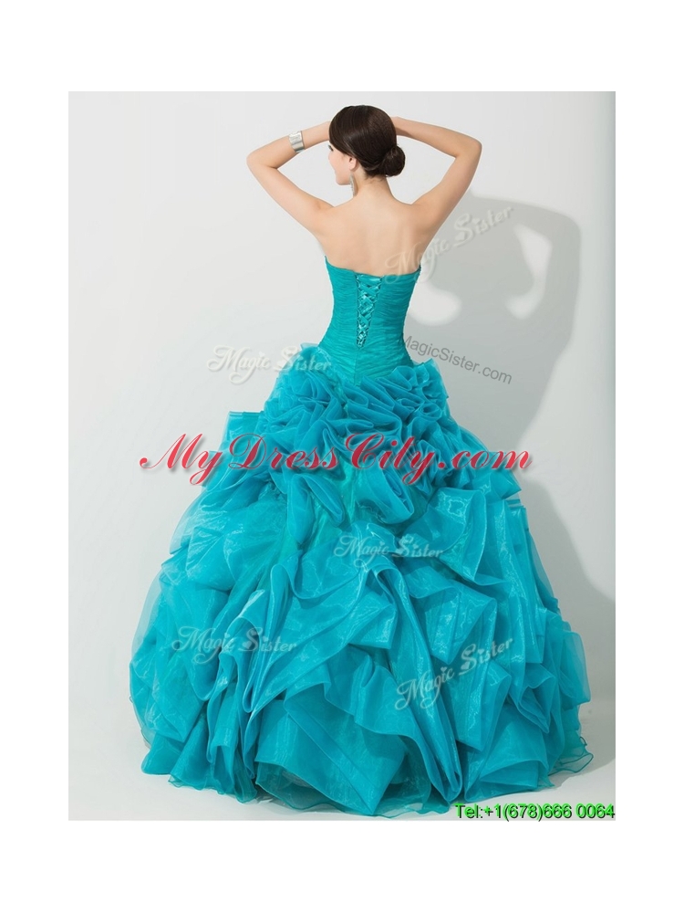 Princess Teal Sweet 16 Dress with Beading and Rolling Flowers