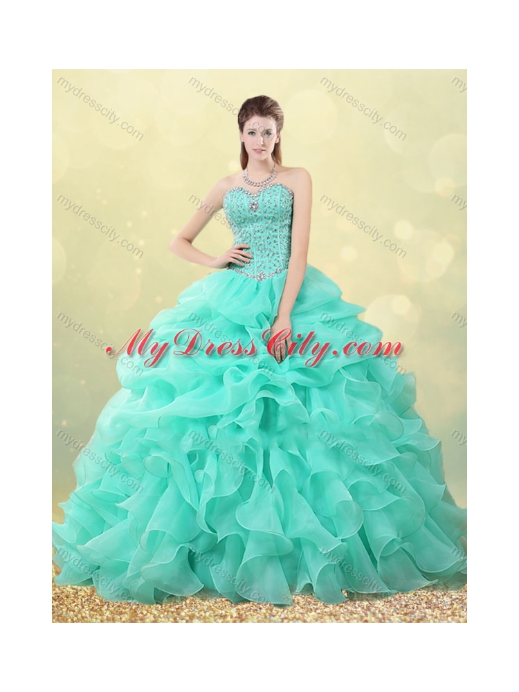 Big Puffy Apple Green Quinceanera Dress with Beading and Bubbles