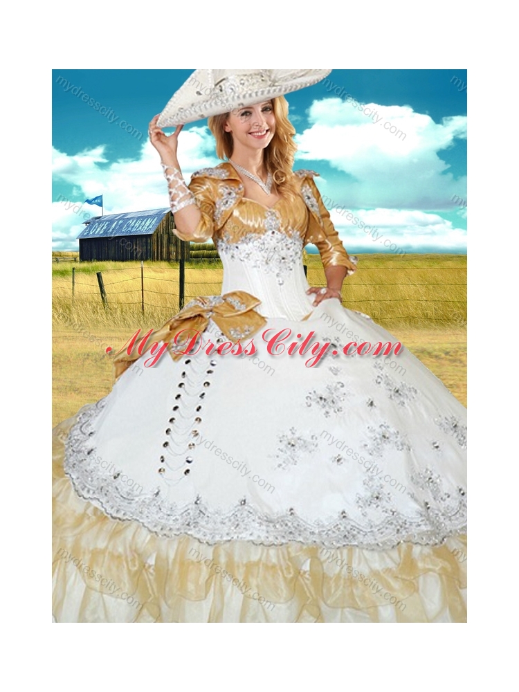 Elegant White and Champagne Sweet 16 Gown with Beading and Bowknot