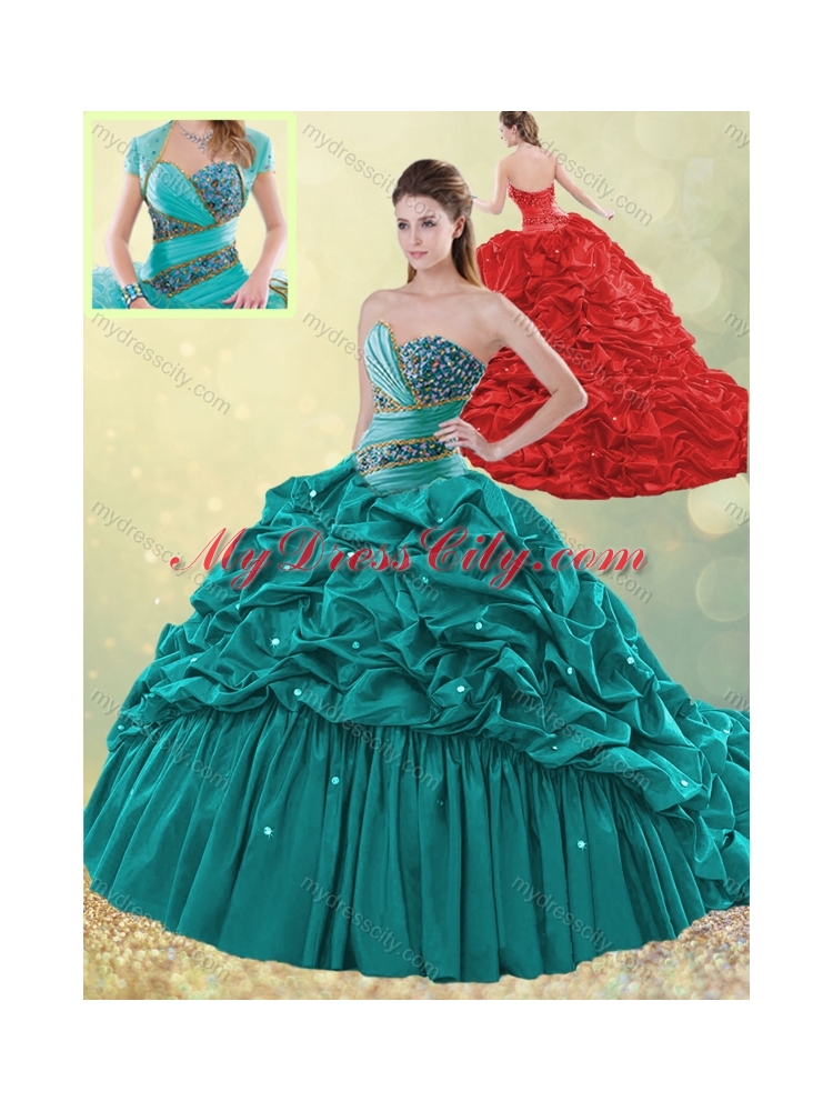 Luxurious Brush Train Taffeta Bubble Quinceanera Dress in Turquoise